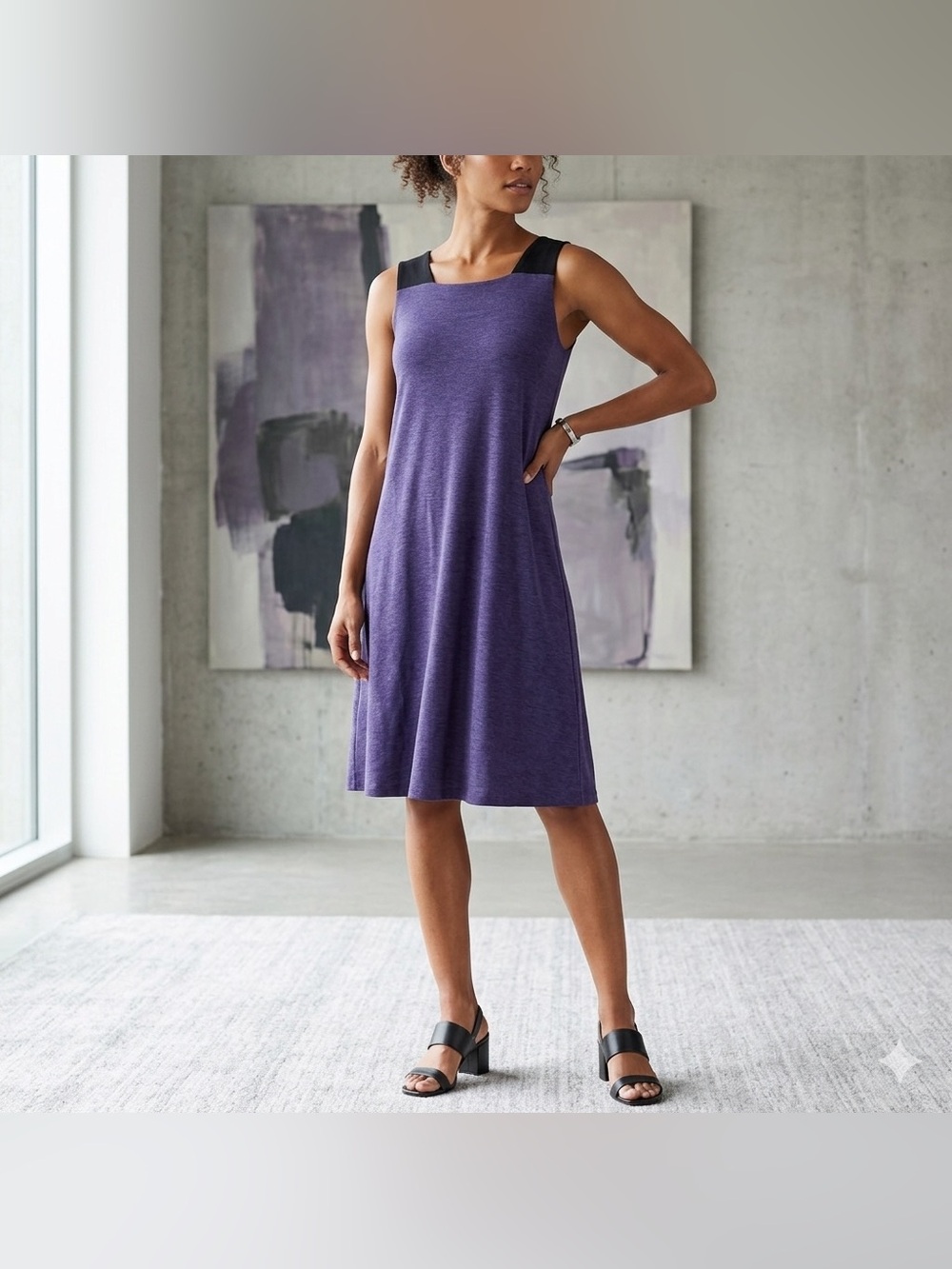 Eileen Fisher Organic Cotton Blend Purple-Black Midi Dress Size S